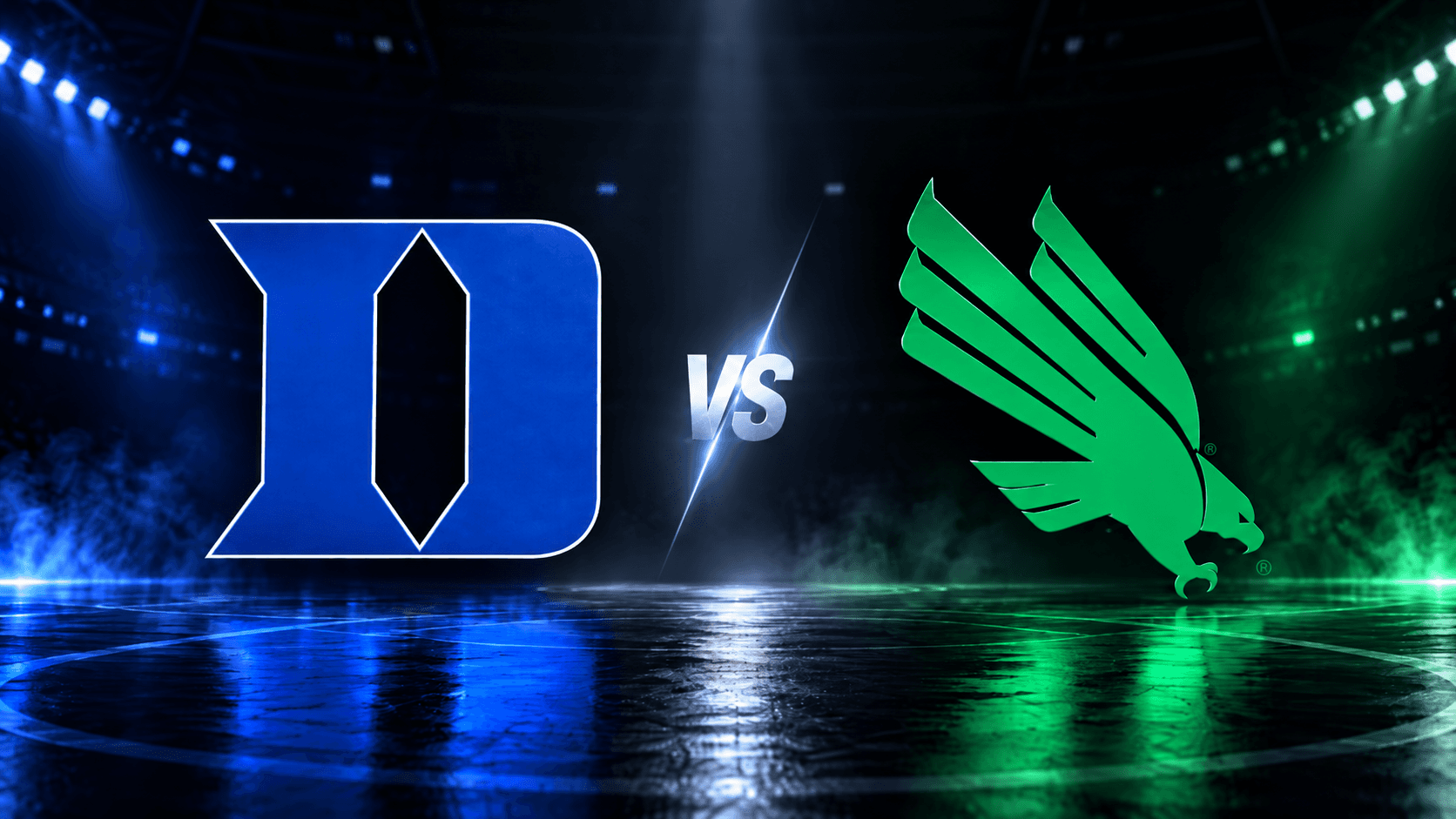 The Duke and North Texas team marks facing each other on a lit arena floor