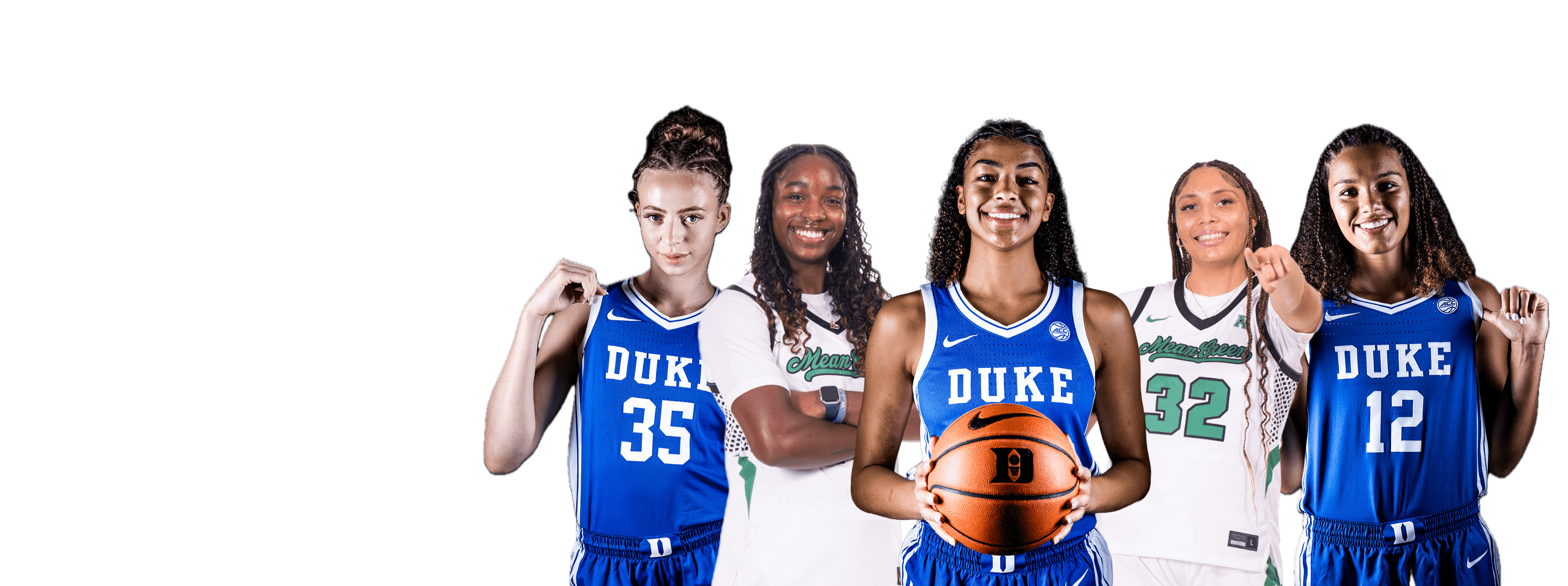 Five Duke and North Texas players standing together, one holding a basketball
